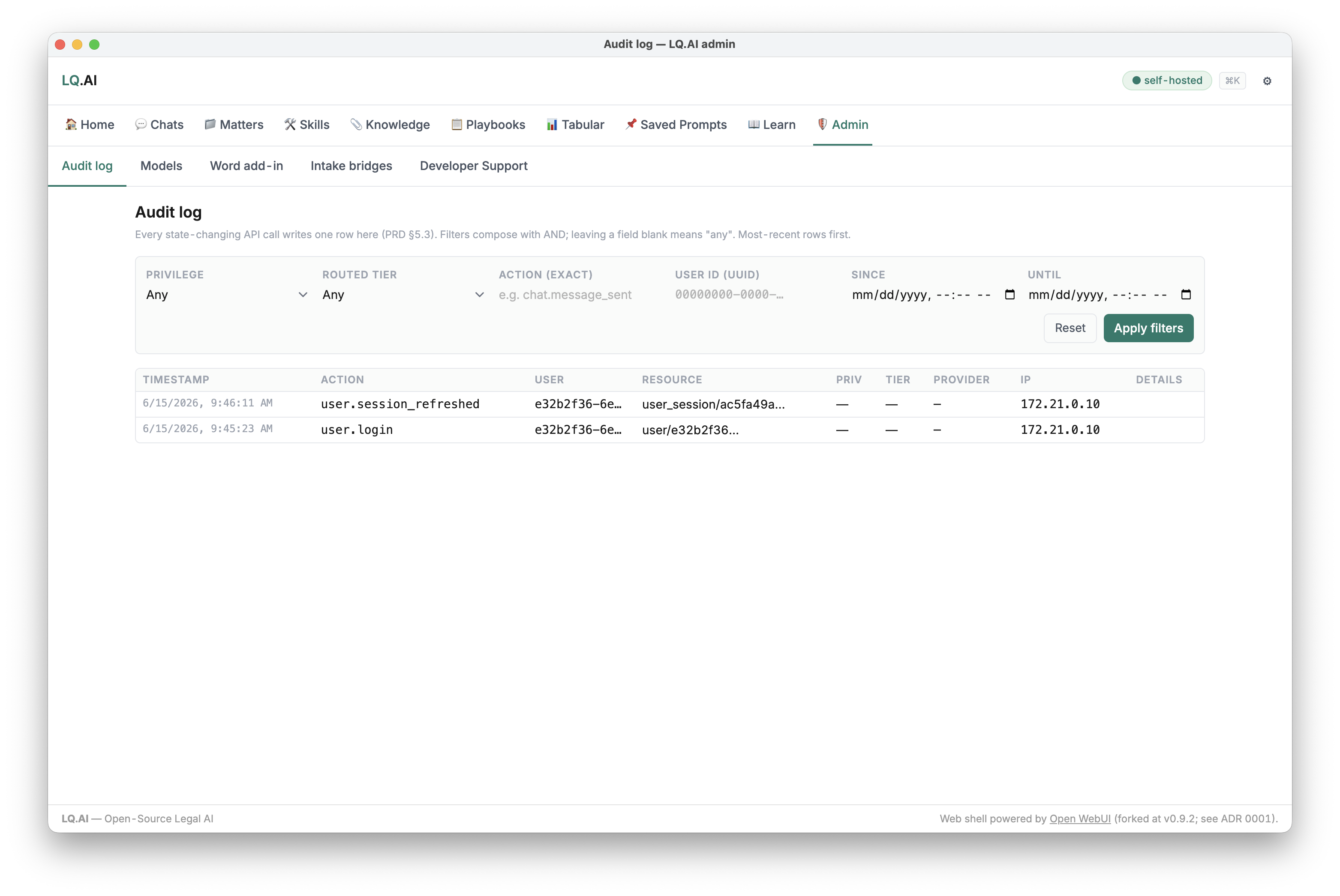 Audit log — append-only record with privilege and routing-tier columns