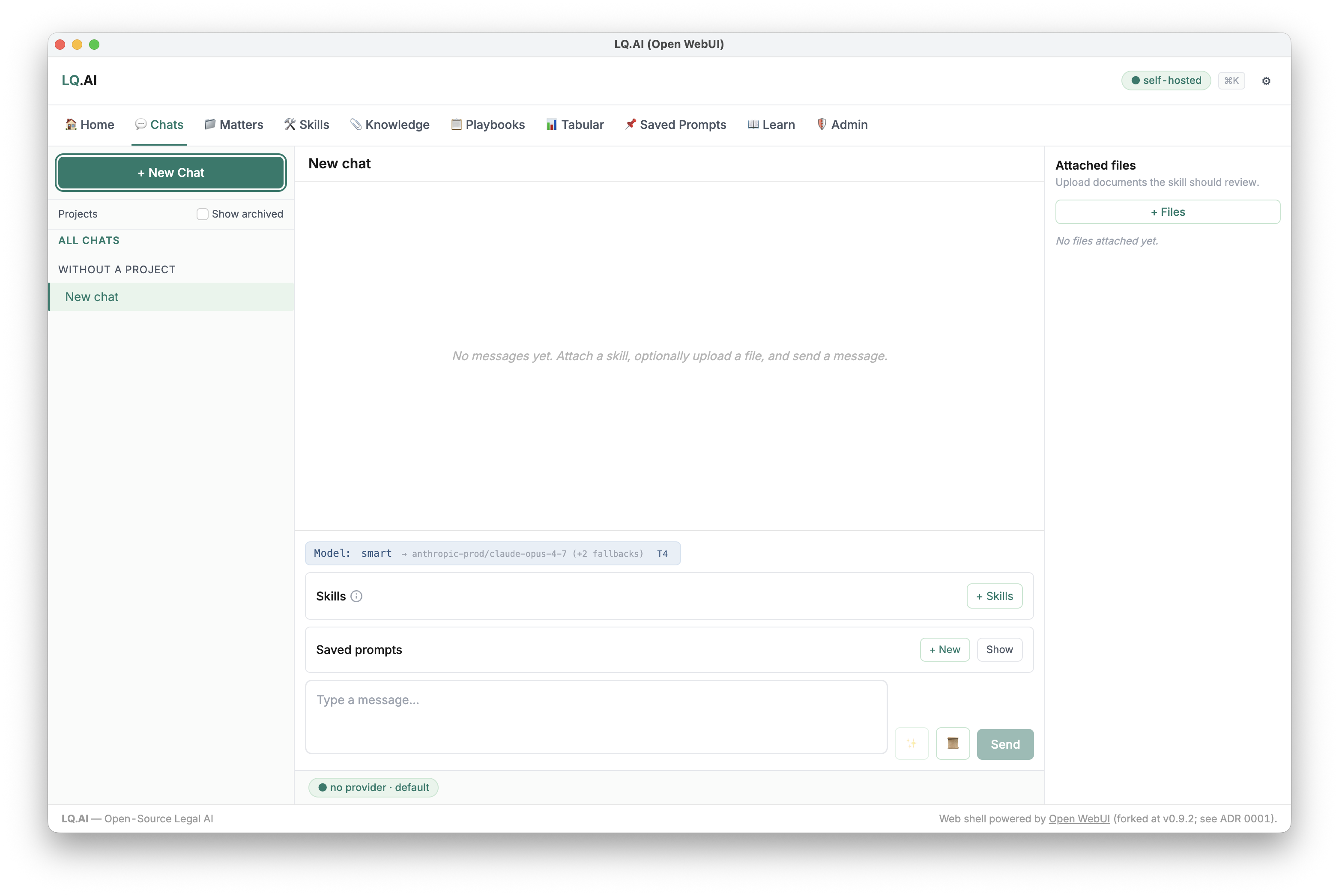 LQAI chat — self-hosted, bring-your-own-key, with skills and matter-scoped projects